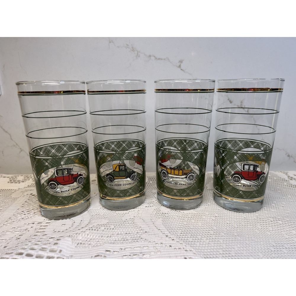 Vintage Libbey Classic Cars Green Glasses Set of 4 – 1914 Ford Buick Cadillac